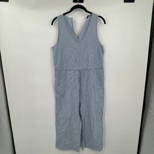 DREW Womens Jumpsuit Medium Striped V Neck Blue Gray White Sleeveless Drawstring